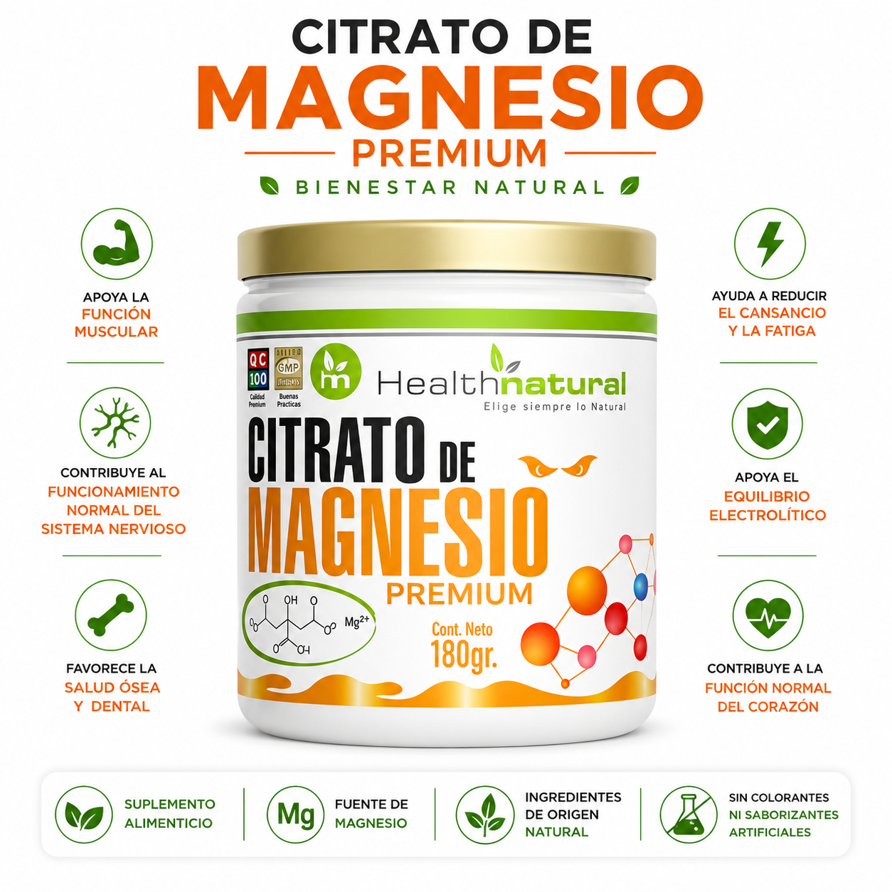 CITRATO DE MAGNESIO PREMIUM HEALTHNATURAL 180GR - 1
