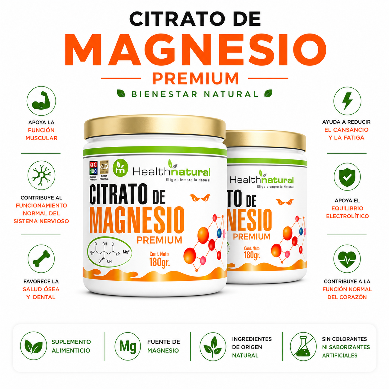 PACK 2 CITRATO DE MAGNESIO PREMIUM HEALTHNATURAL 360GR - 1