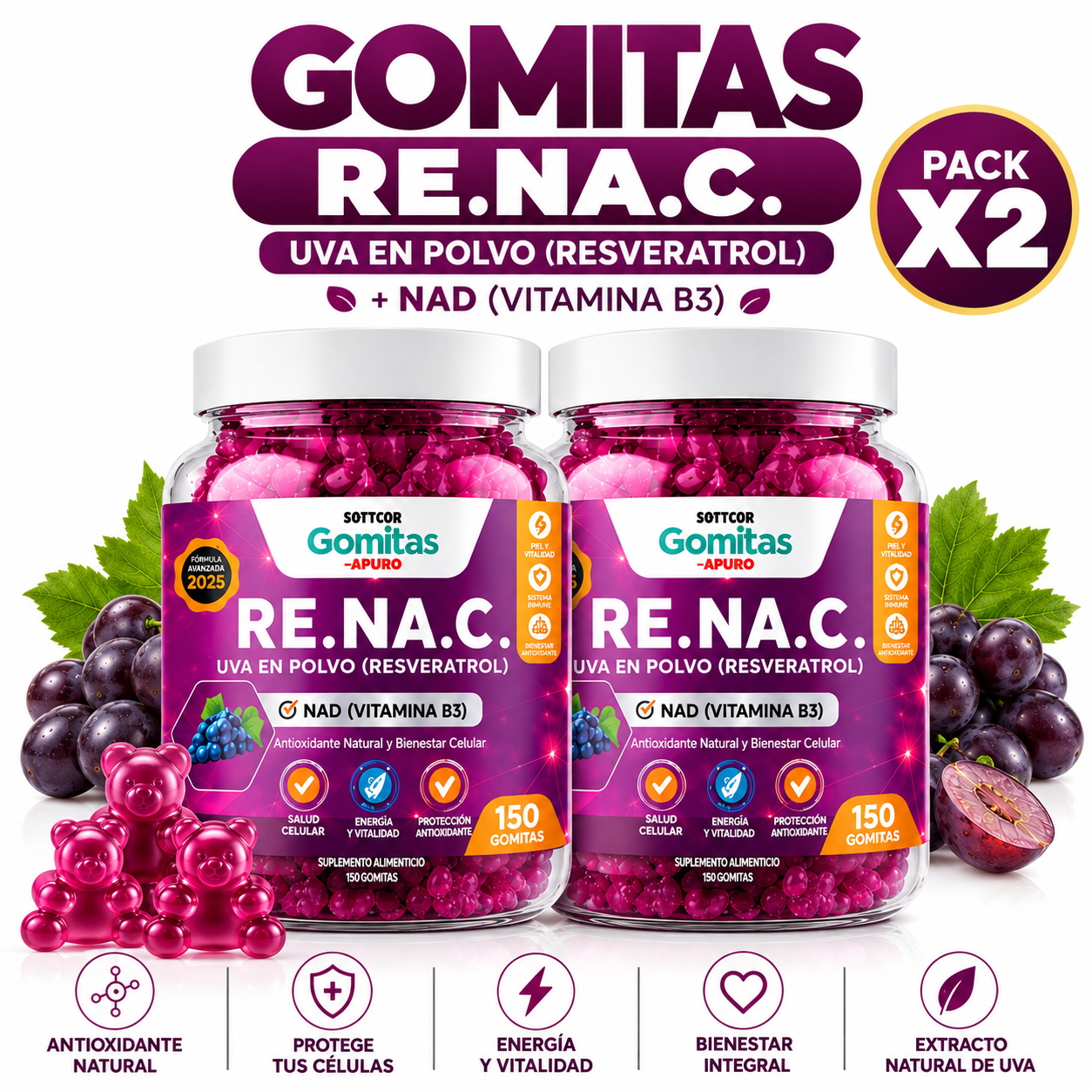 PACK 2 GOMITAS RESVERATROL PARA ADULTOS 300 GOMITAS SOTTCOR LABS - 1