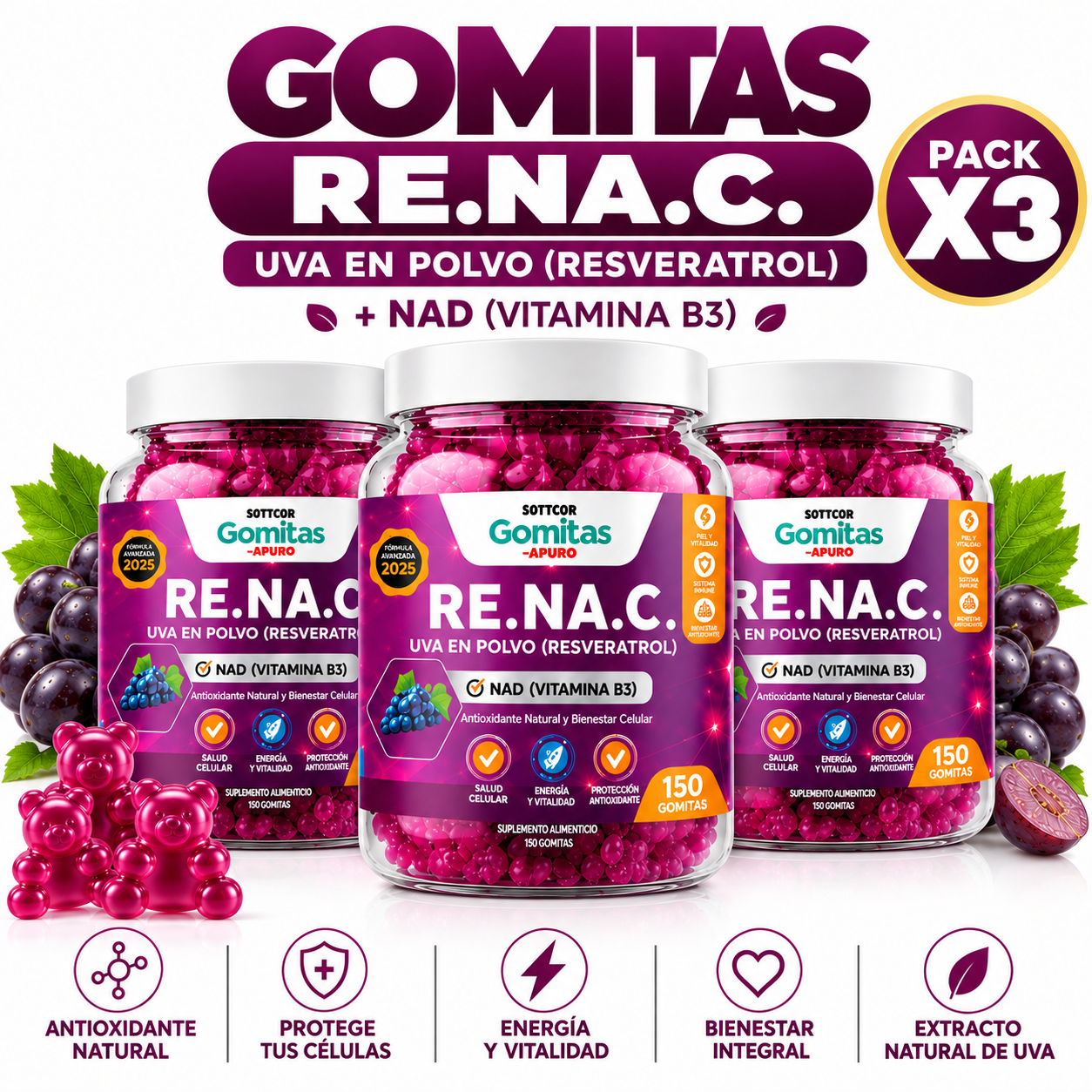 PACK 3 GOMITAS  RESVERATROL PARA ADULTOS 450 GOMITAS SOTTCOR LABS - 1