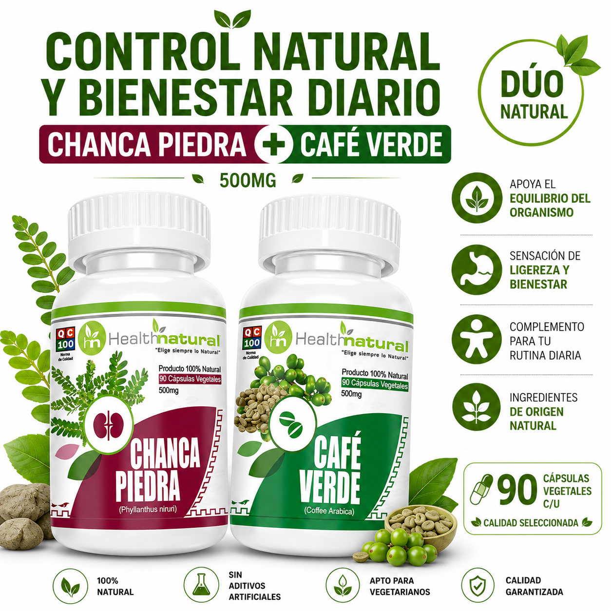 CHANCA PIEDRA HEALTHNATURAL 500MG + CAFÉ VERDE HEALTHNATURAL 500MG - 1