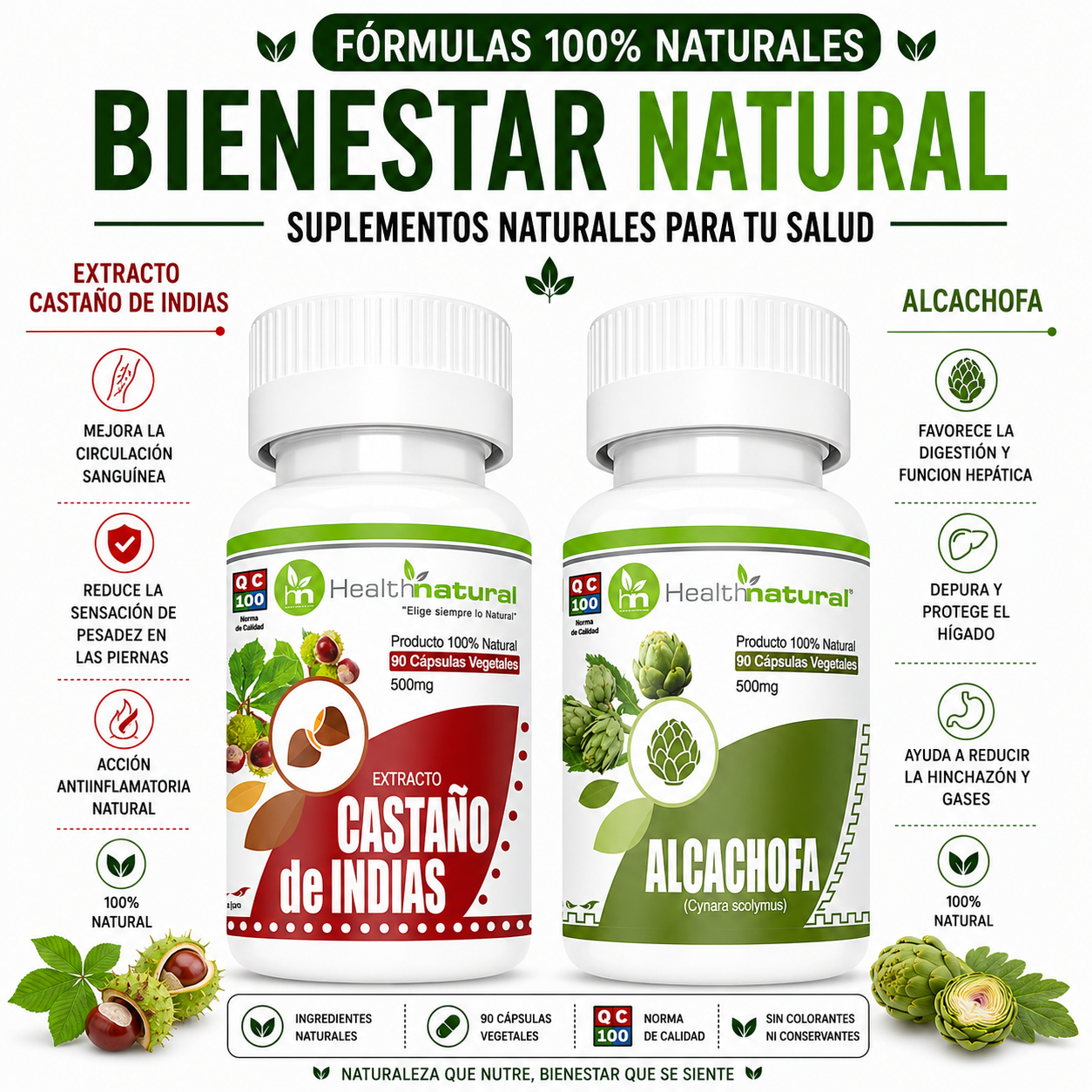 CASTAÑO DE INDIAS HEALTHNATURAL 500MG + ALCACHOFA HEALTHNATURAL 500MG - 1