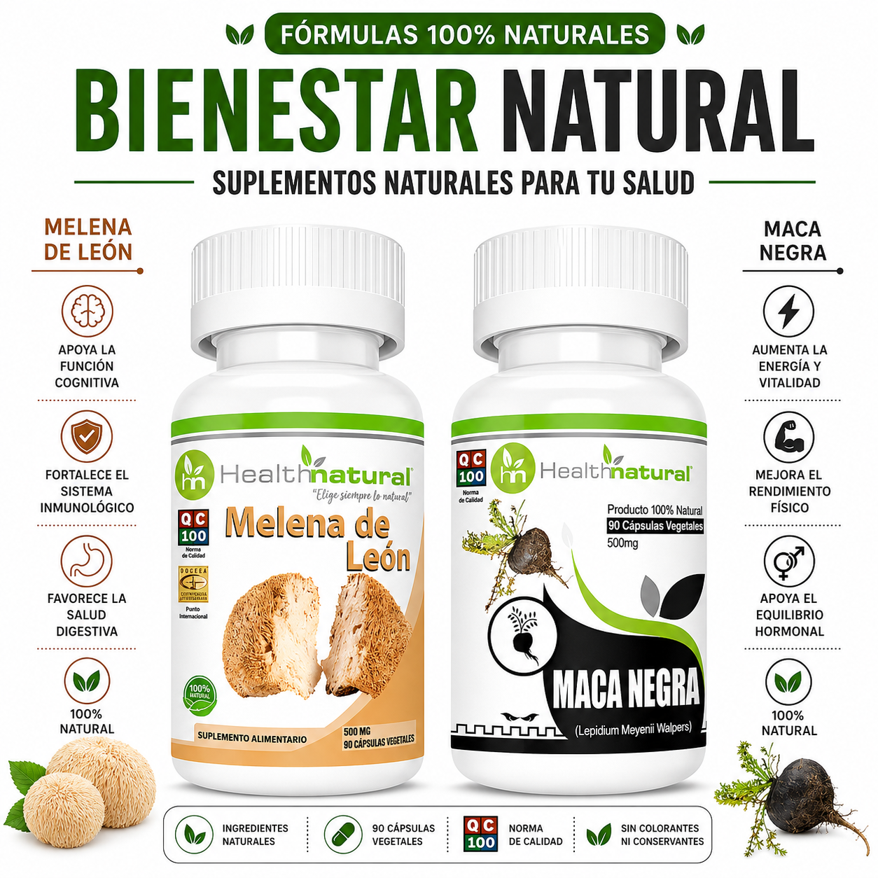 MELENA DE LEÓN HEALTHNATURAL 500MG + MACA NEGRA HEALTHNATURAL 500MG - 1