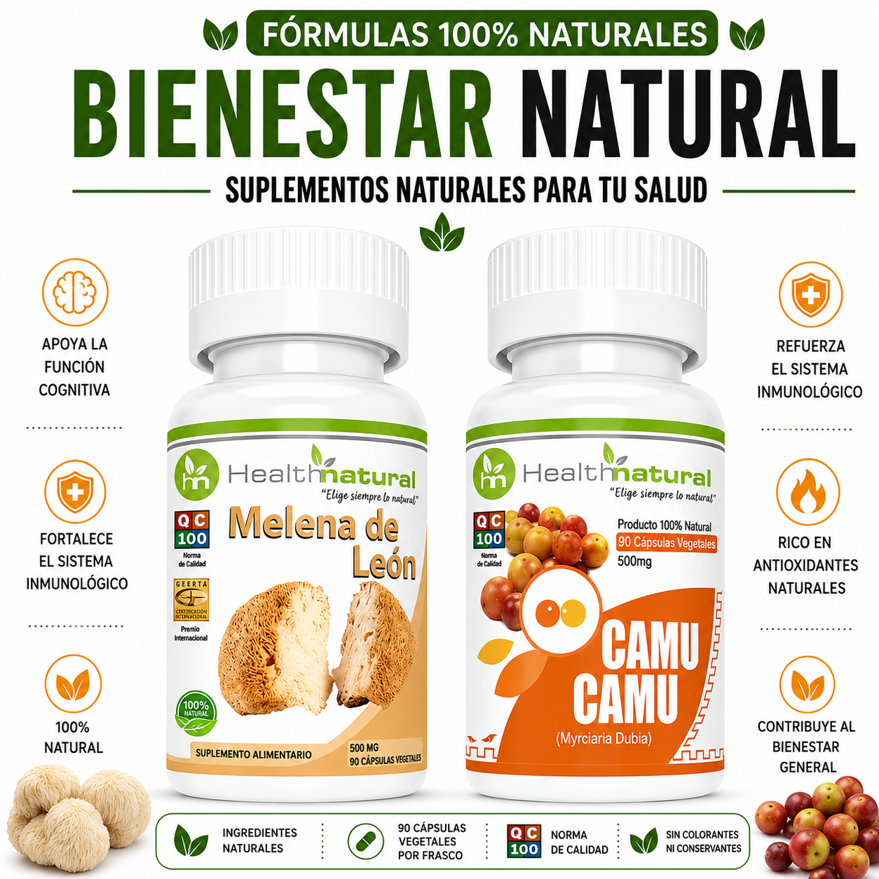 MELENA DE LEÓN HEALTHNATURAL 500MG + CAMU CAMU HEALTHNATURAL 500MG - 1