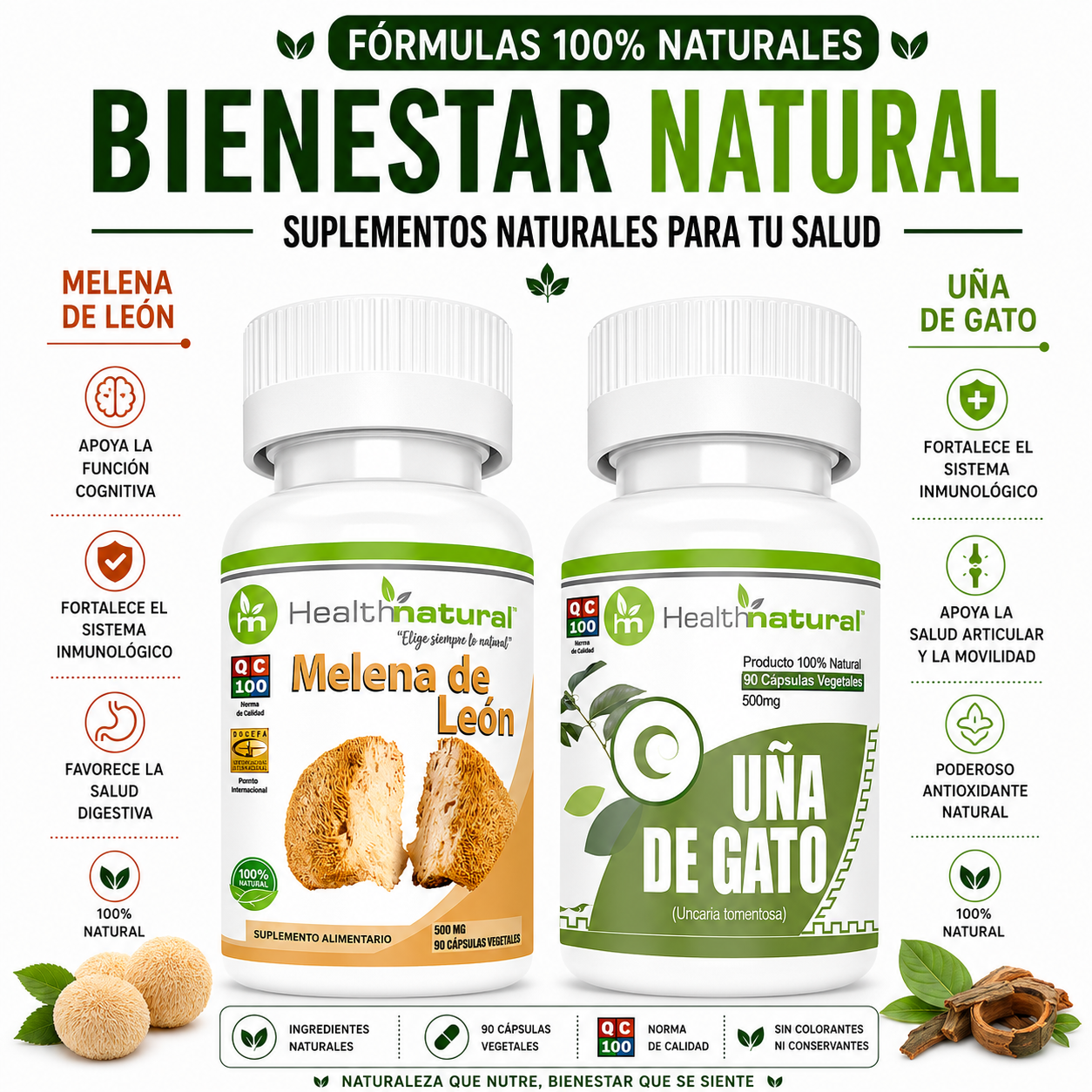 MELENA DE LEÓN HEALTHNATURAL 500MG + UÑA DE GATO HEALTHNATURAL 500MG - 1