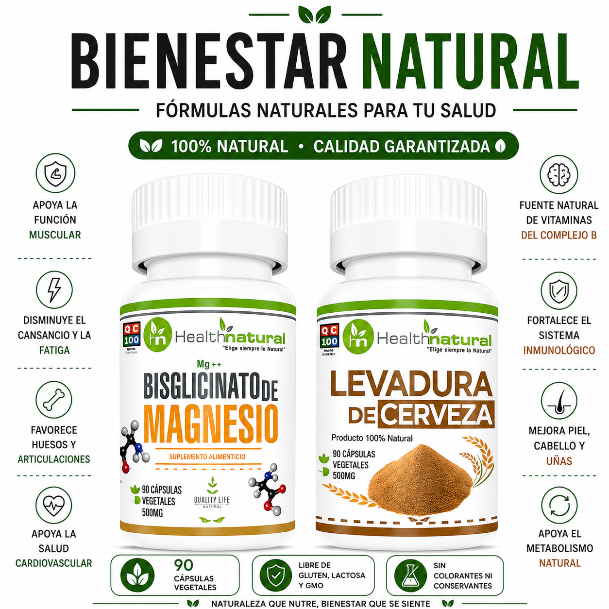 BISGLICINATO MAGNESIO HEALTHNATURAL + LEVADURA CERVEZA HEALTHNATURAL - 1