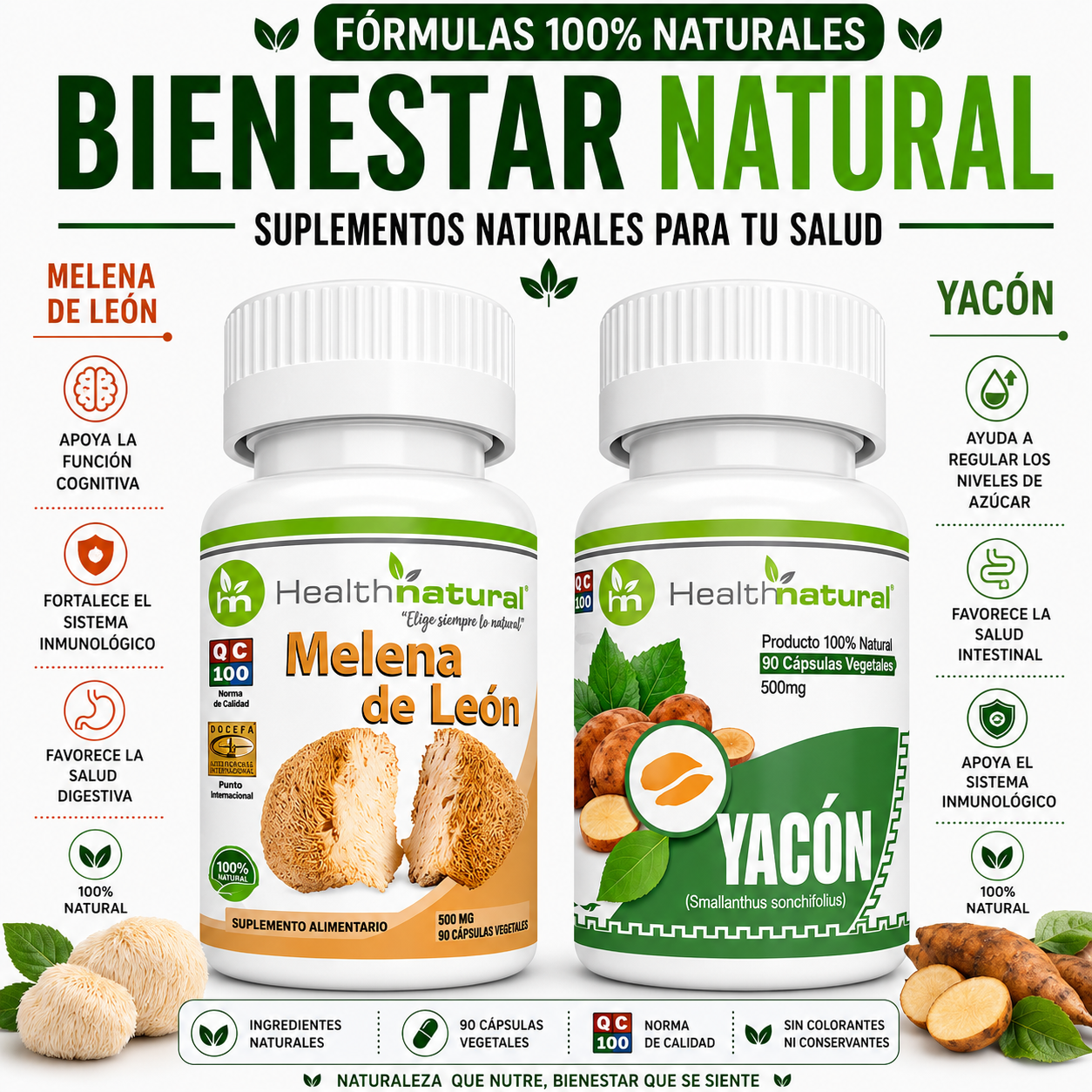 MELENA DE LEÓN HEALTHNATURAL 500MG + YACÓN HEALTHNATURAL 500MG - 1