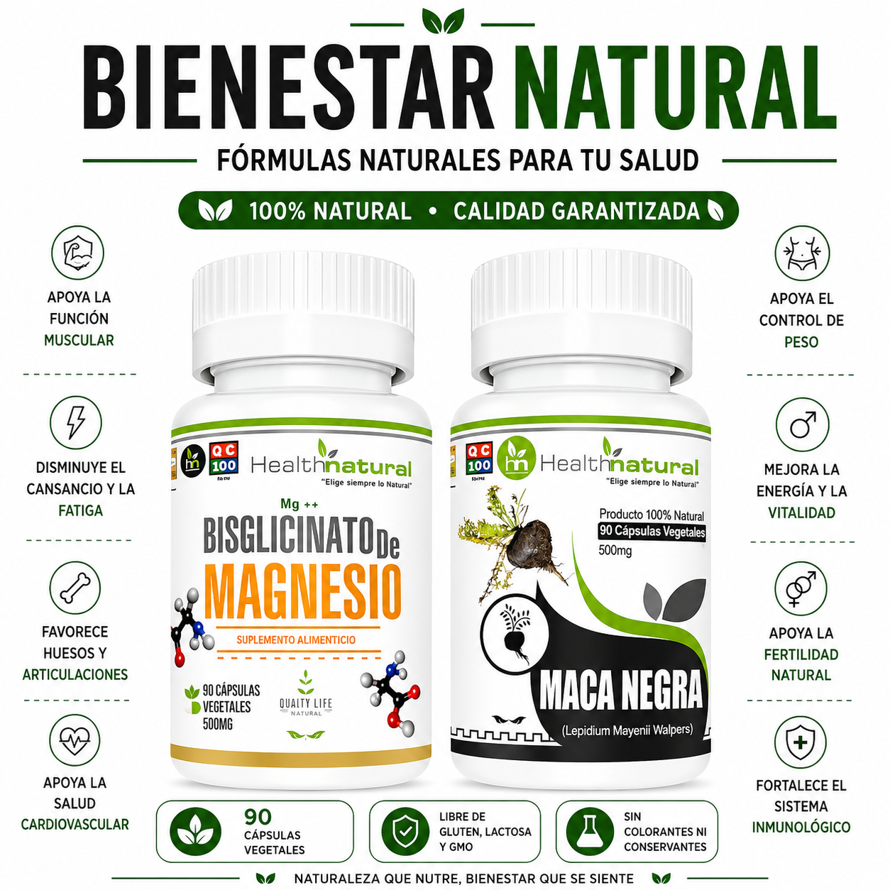 BISGLICINATO DE MAGNESIO HEALTHNATURAL + MACA NEGRA HEALTHNATURAL - 1