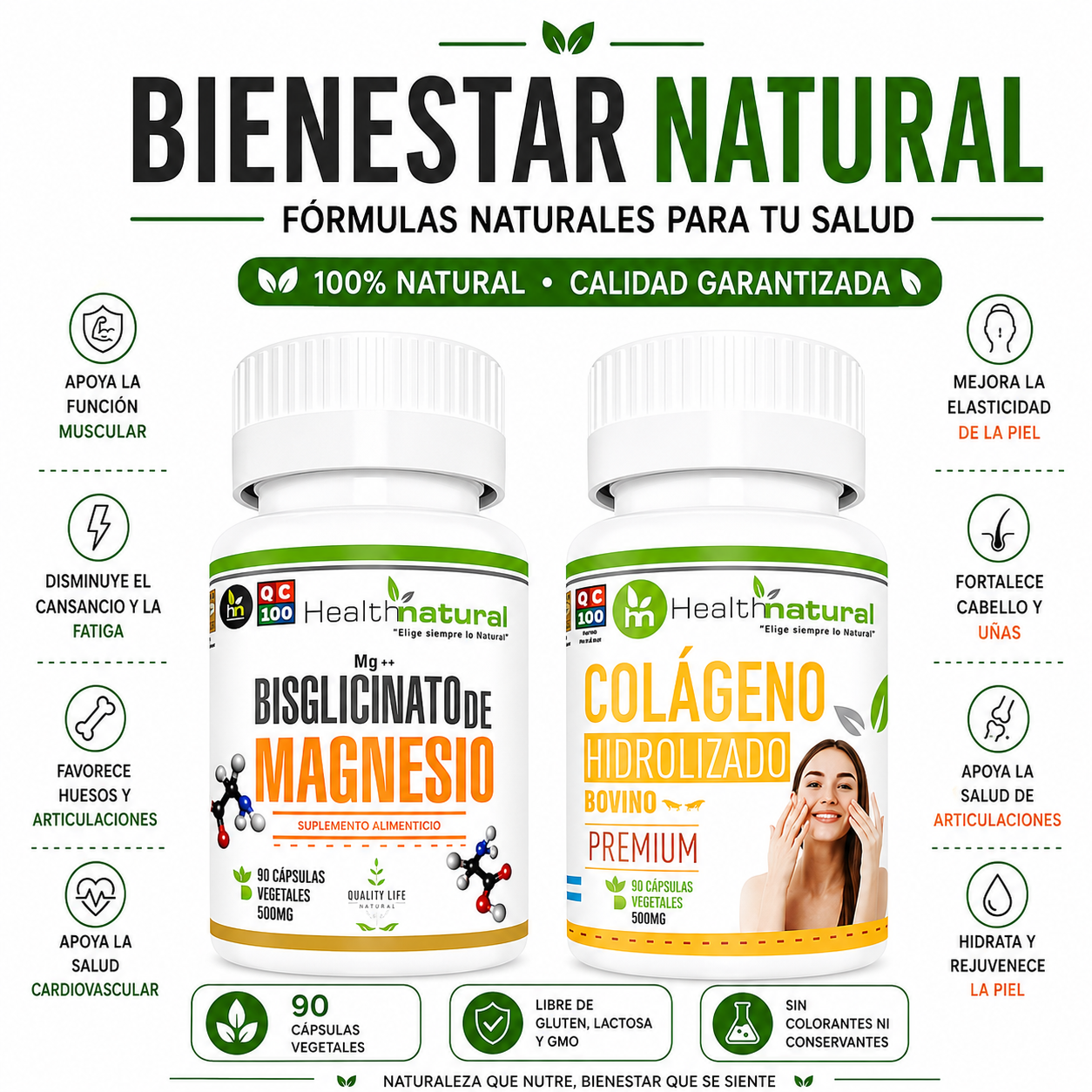 BISGLICINATO MAGNESIO + COLÁGENO HIDROLIZADO HEALTHNATURAL - 1