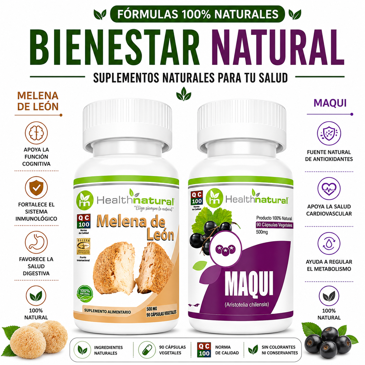 MELENA DE LEÓN HEALTHNATURAL 500MG + MAQUI HEALTHNATURAL 500MG - 1