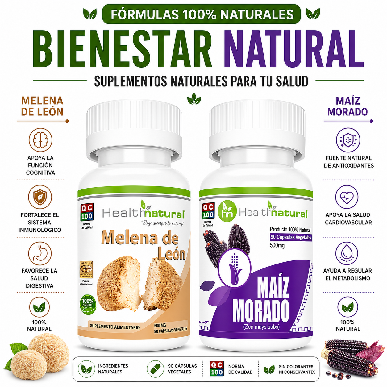 MELENA DE LEÓN HEALTHNATURAL 500MG + MAIZ MORADO HEALTHNATURAL 500MG - 1