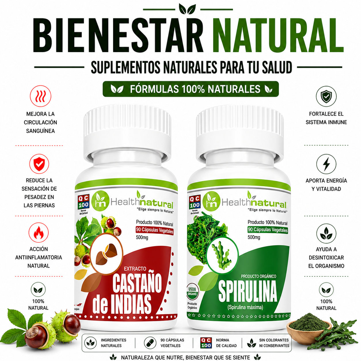 CASTAÑO DE INDIAS HEALTHNATURAL 500MG + SPIRULINA HEALTHNATURAL 500MG - 1