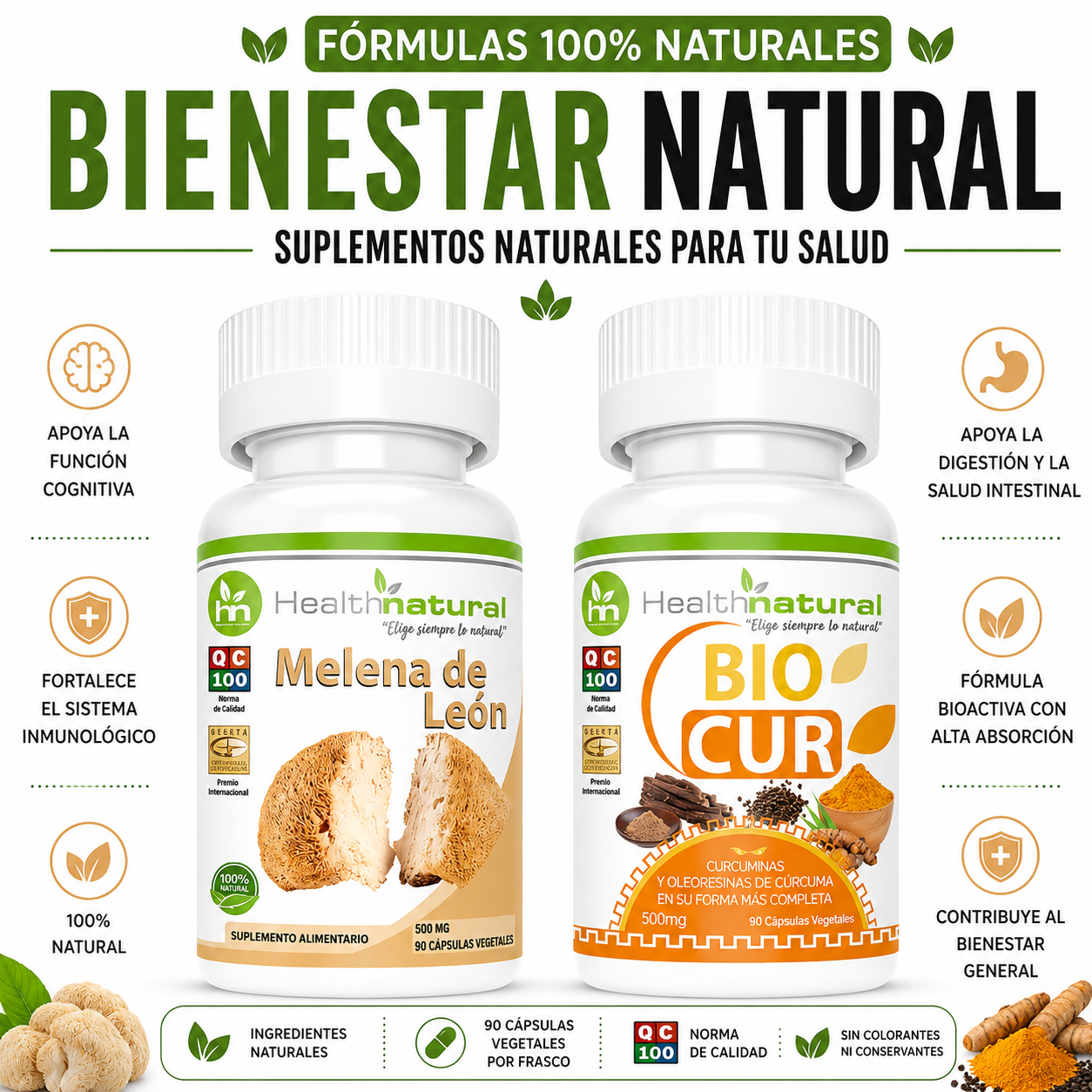 MELENA DE LEÓN HEALTHNATURAL 500MG + BIOCUR HEALTHNATURAL 500MG - 1