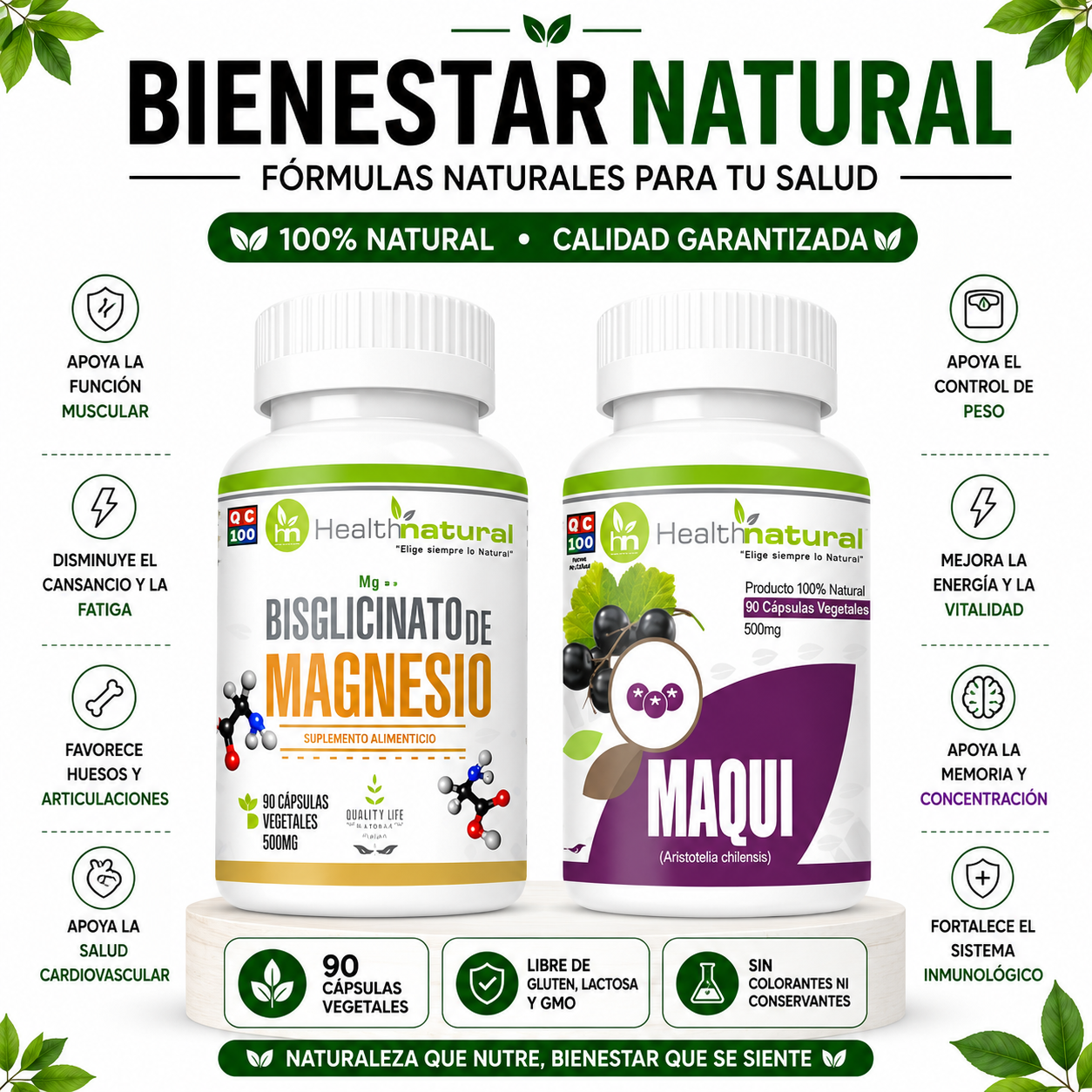 BISGLICINATO DE MAGNESIO HEALTHNATURAL + MAQUI HEALTHNATURAL - 1