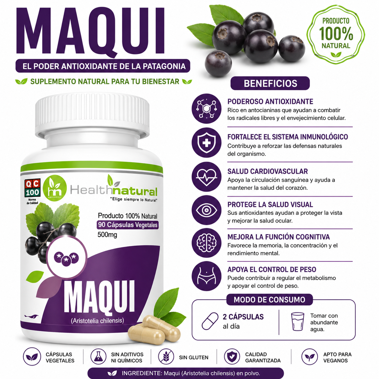 BISGLICINATO DE MAGNESIO HEALTHNATURAL + MAQUI HEALTHNATURAL - 3