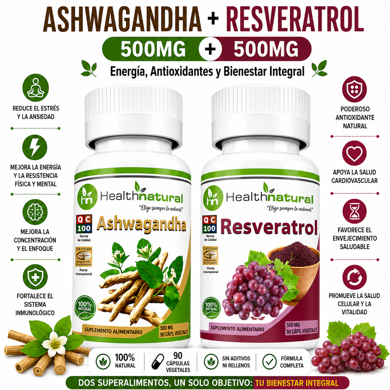 ASHWAGANDHA HEALTHNATURAL 500MG + RESVERATROL HEALTHNATURAL 500MG - 1