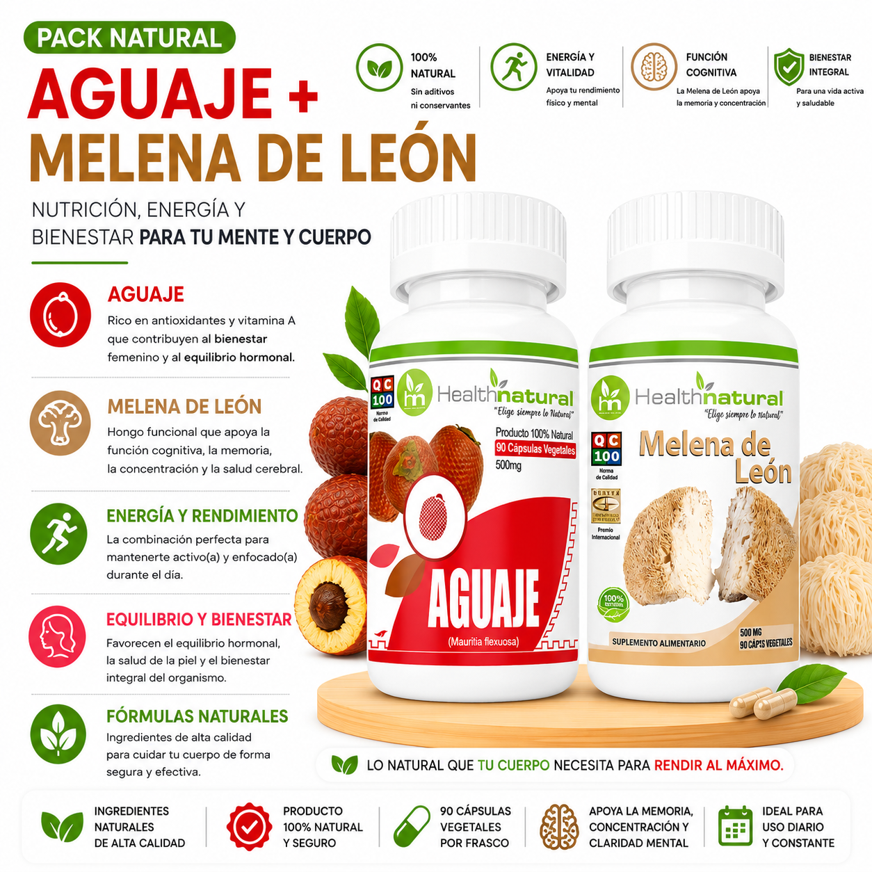 AGUAJE HEALTHNATURAL 500MG + MELENA DE LEÓN HEALTHNATURAL 500MG - 1