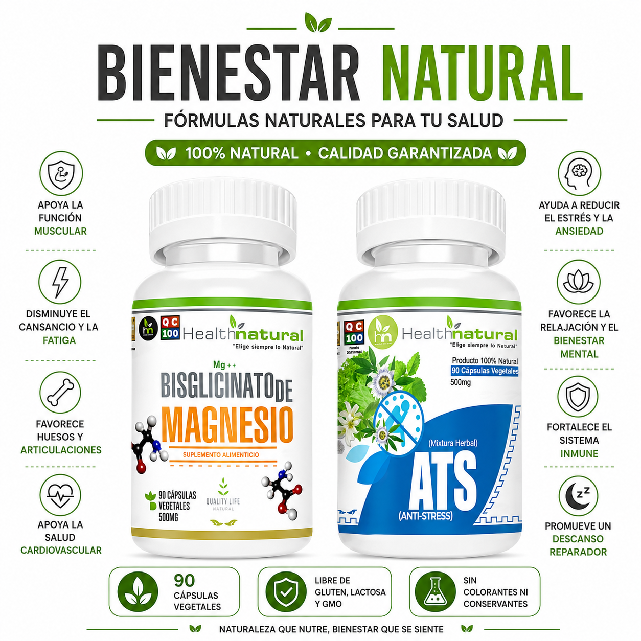 BISGLICINATO DE MAGNESIO HEALTHNATURAL + ATS(ANTI-STRES) HEALTHNATURAL - 1