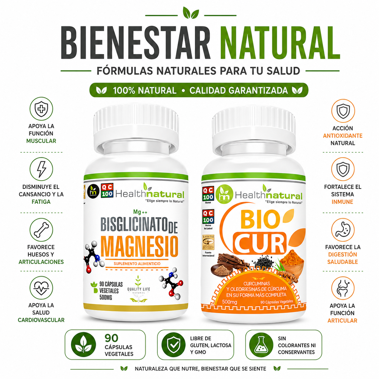 BISGLICINATO DE MAGNESIO HEALTHNATURAL + BIOCUR HEALTHNATURAL 500MG - 1