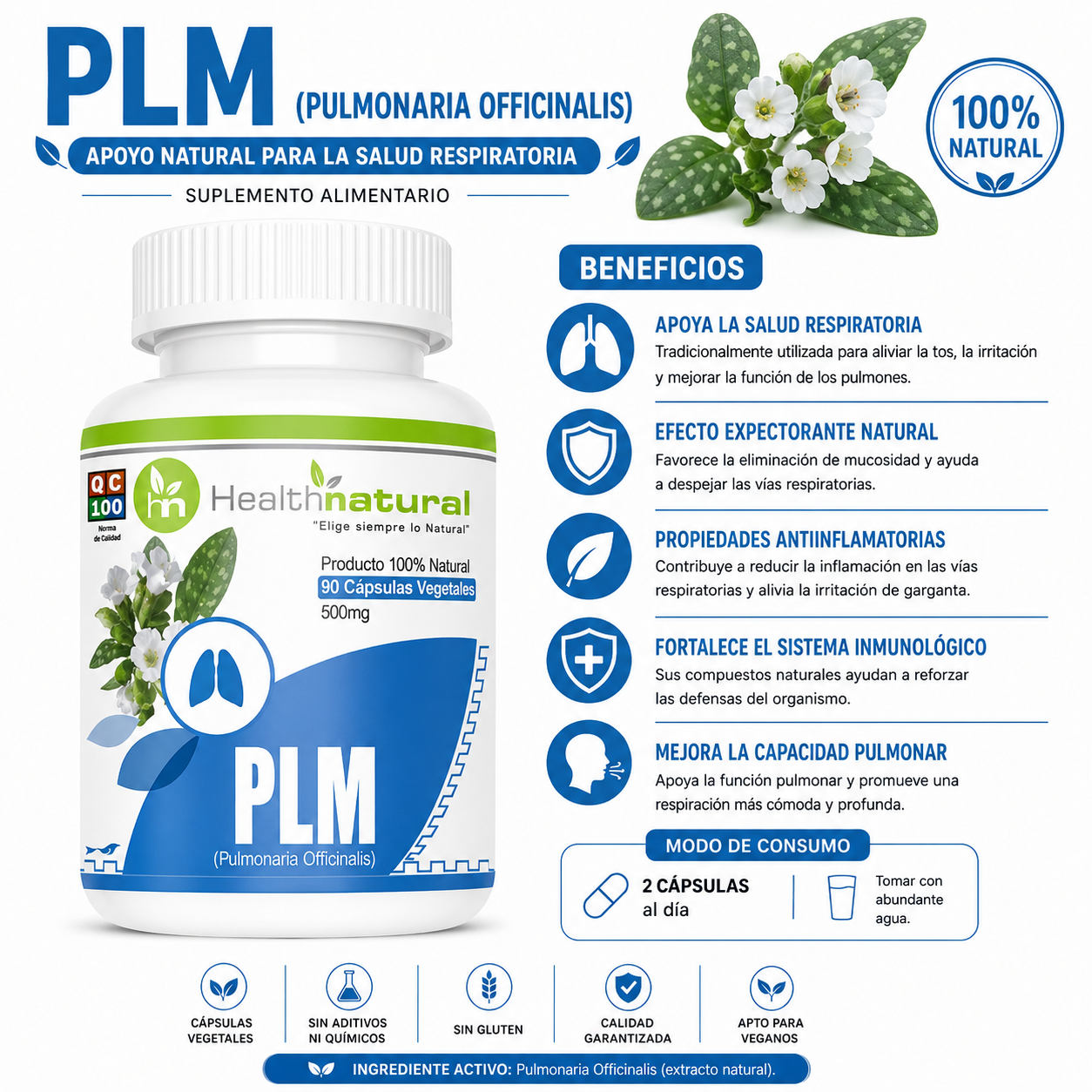BISGLICINATO DE MAGNESIO HEALTHNATURAL + PLM(PULMONARIA) HEALTHNATURAL - 3