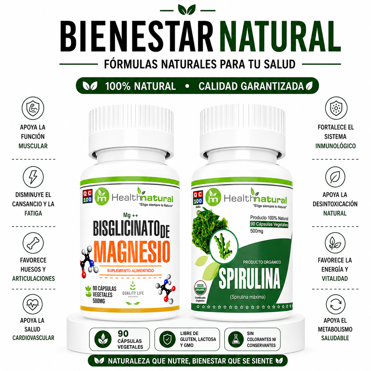 BISGLICINATO DE MAGNESIO HEALTHNATURAL + SPIRULINA HEALTHNATURAL - 1