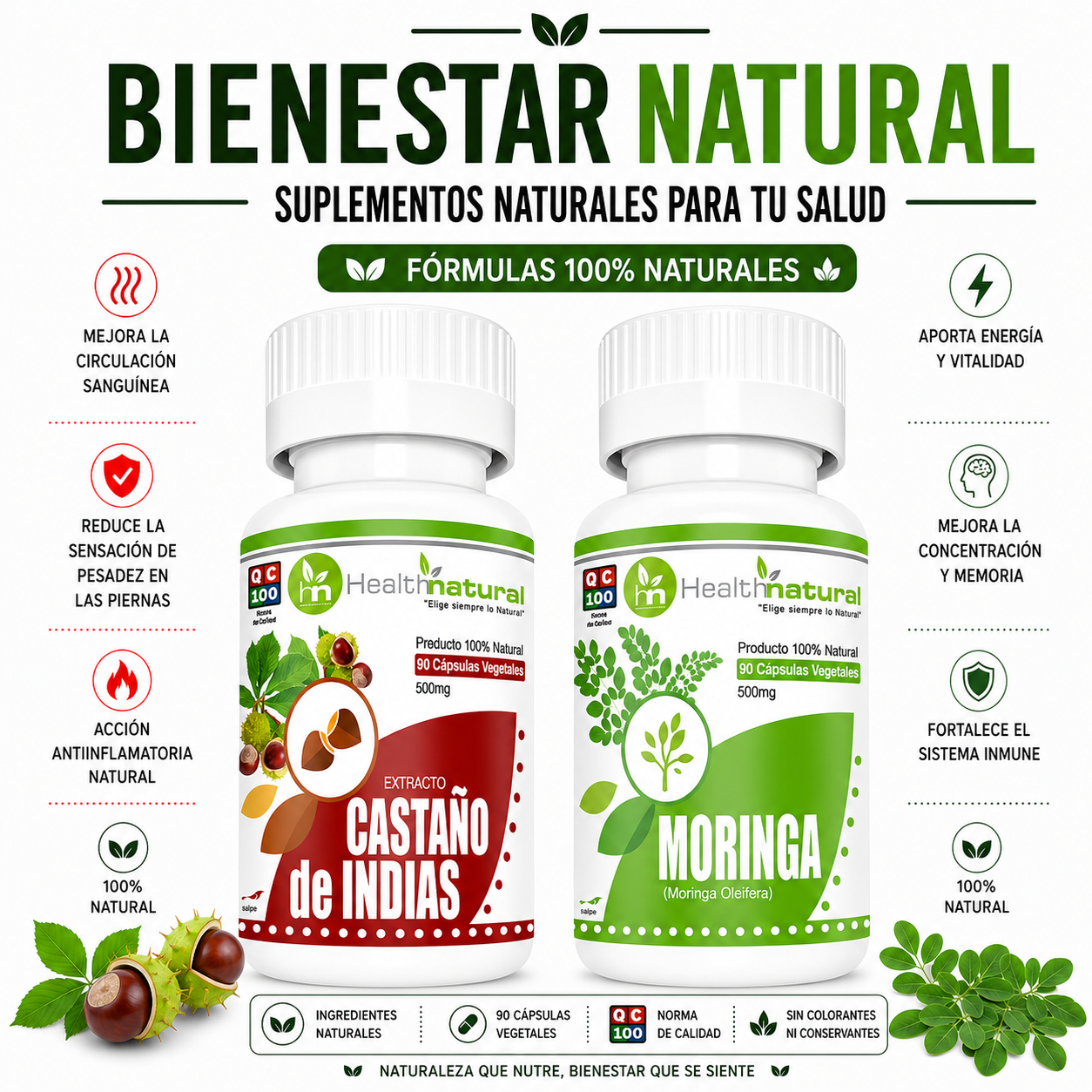 CASTAÑO DE INDIAS HEALTHNATURAL 500MG + MORINGA HEALTHNATURAL 500MG - 1