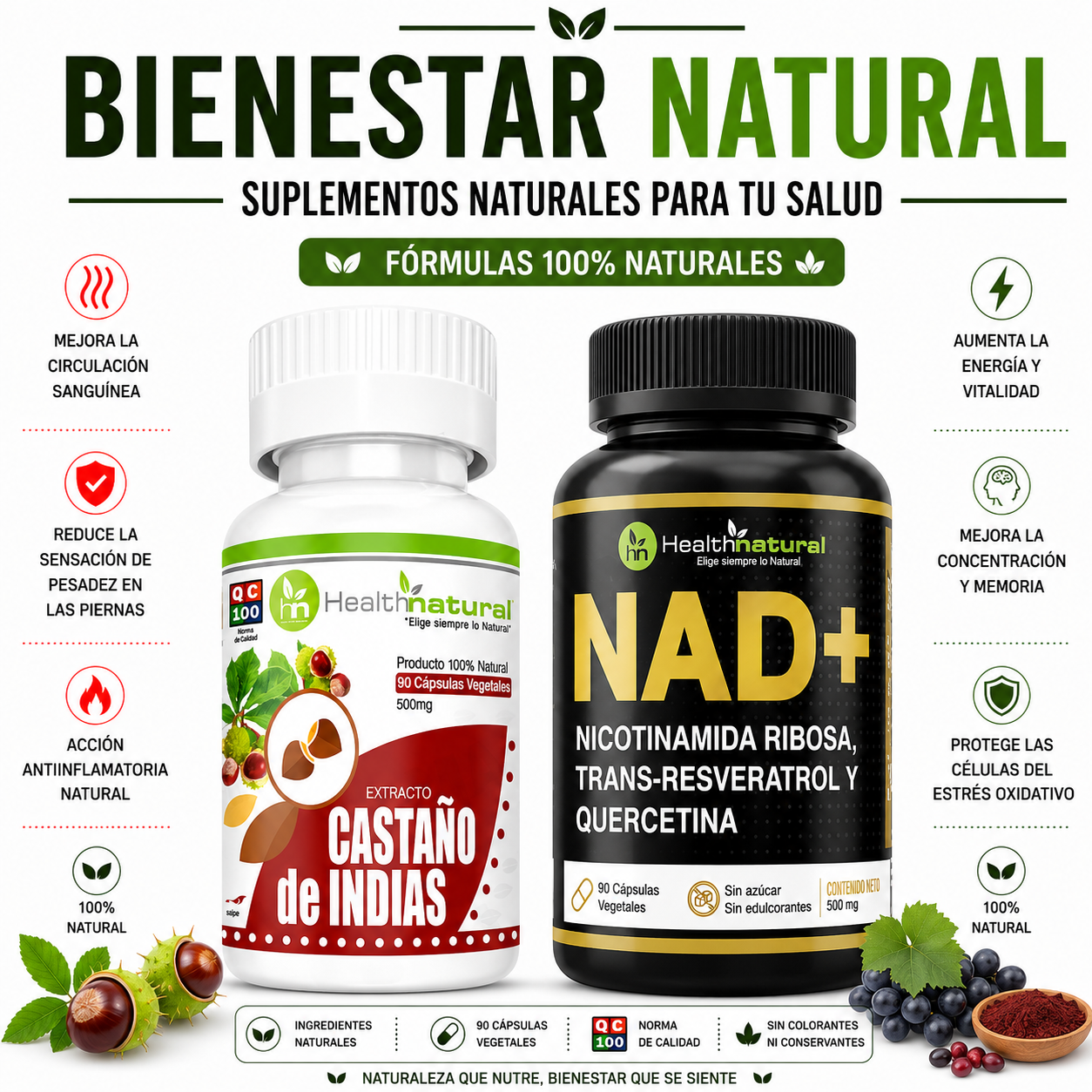 CASTAÑO DE INDIAS HEALTHNATURAL 500MG + NAD+ HEALTHNATURAL 500MG - 1