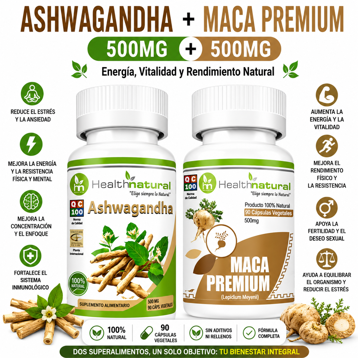 ASHWAGANDHA HEALTHNATURAL 500MG + MACA PREMIUM HEALTHNATURAL 500MG - 1