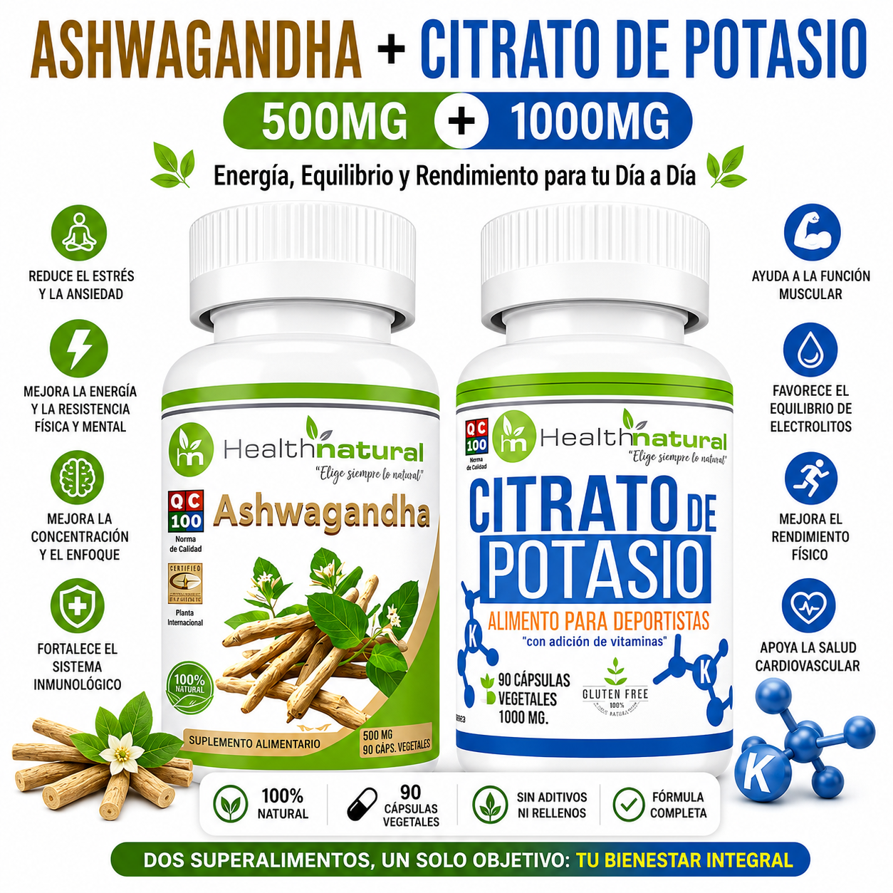 ASHWAGANDHA HEALTHNATURAL + CITRATO DE POTASIO HEALTHNATURAL 1000MG - 1