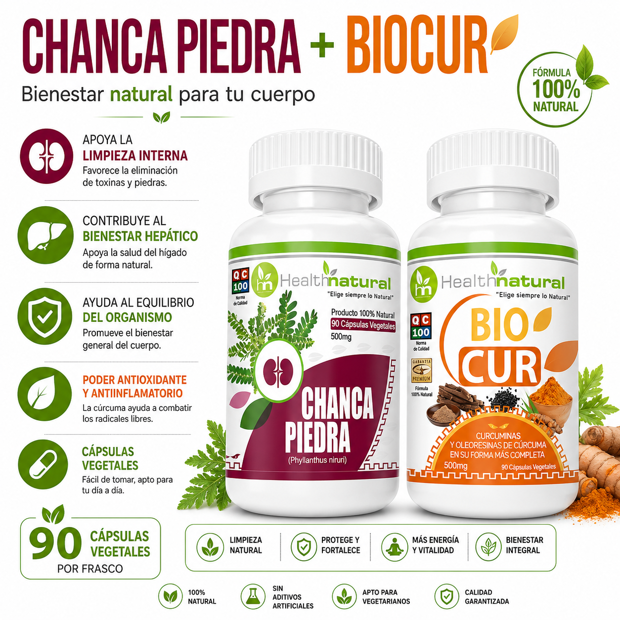 CHANCA PIEDRA HEALTHNATURAL 500MG + BIOCUR HEALTHNATURAL 500MG - 1