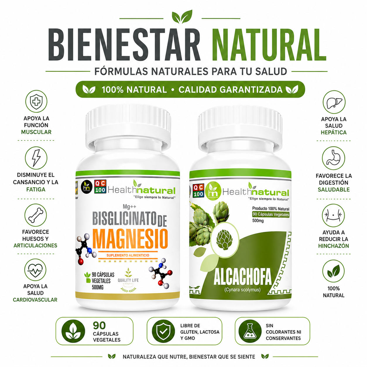 BISGLICINATO DE MAGNESIO HEALTHNATURAL + ALCACHOFA HEALTHNATURAL 500MG - 1