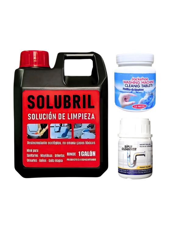 SOLUCIÓN DE PISOS SOLUBRIL + PASTILLA PARA LAVADORA + DESATORADOR DE TUBERÍAS - 1