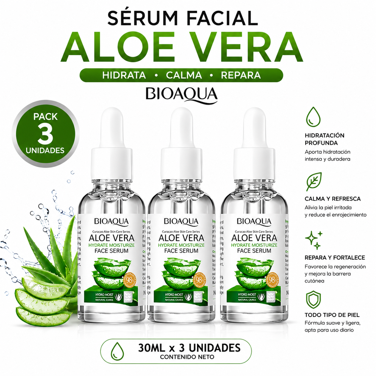 PACK 3 SÉRUM FACIAL ALOE VERA 30ML BIAOQUA - 1