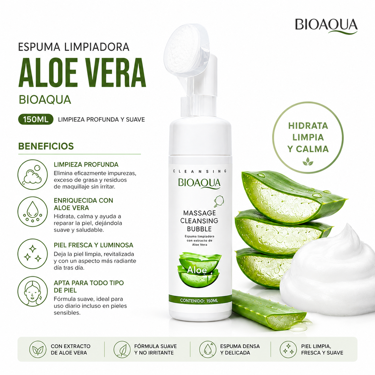 PACK 3 ESPUMA LIMPIADORA ALOE VERA 150ML BIOAQUA - 2