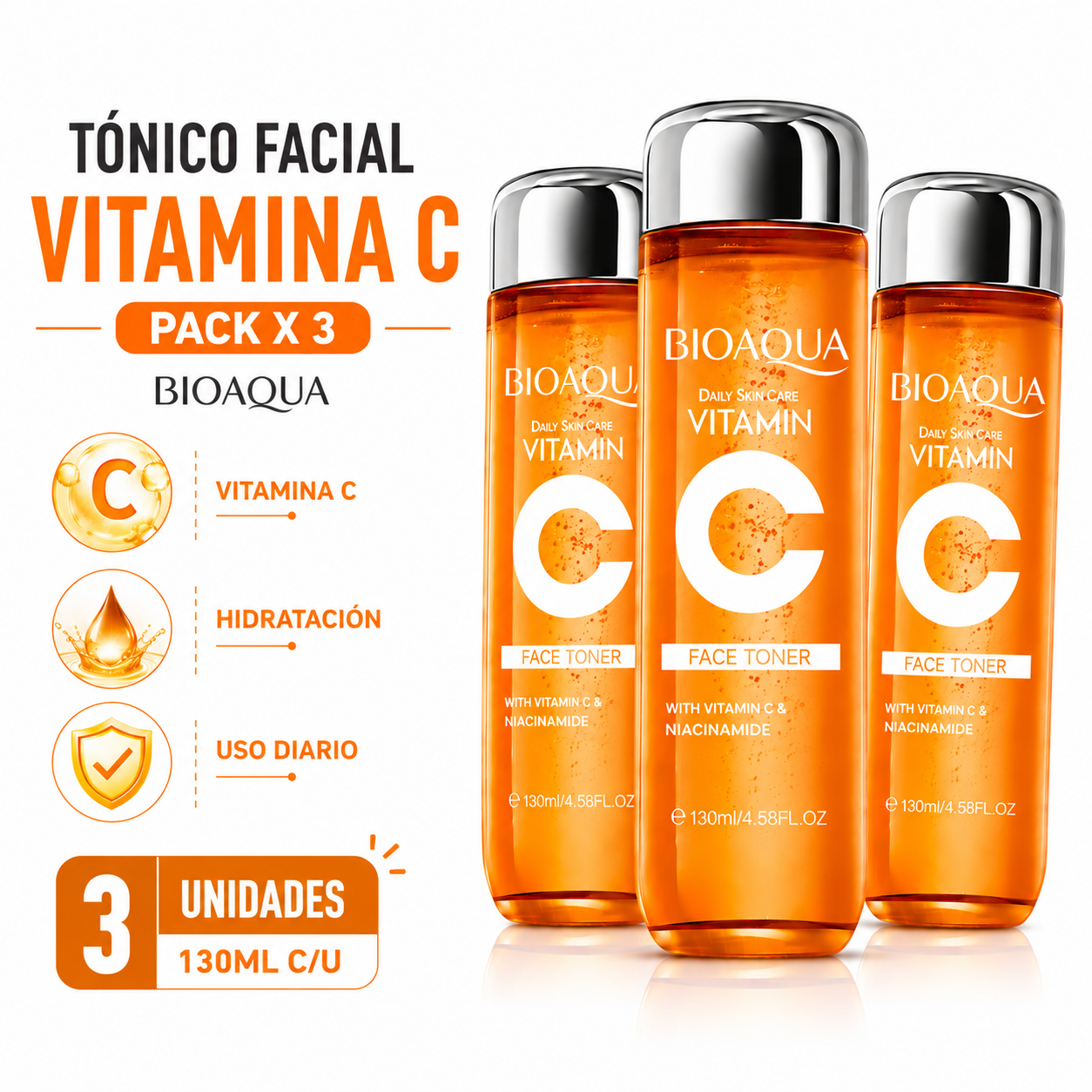 PACK 3 TÓNICO FACIAL VITAMINA C 130ML BIOAQUA - 1
