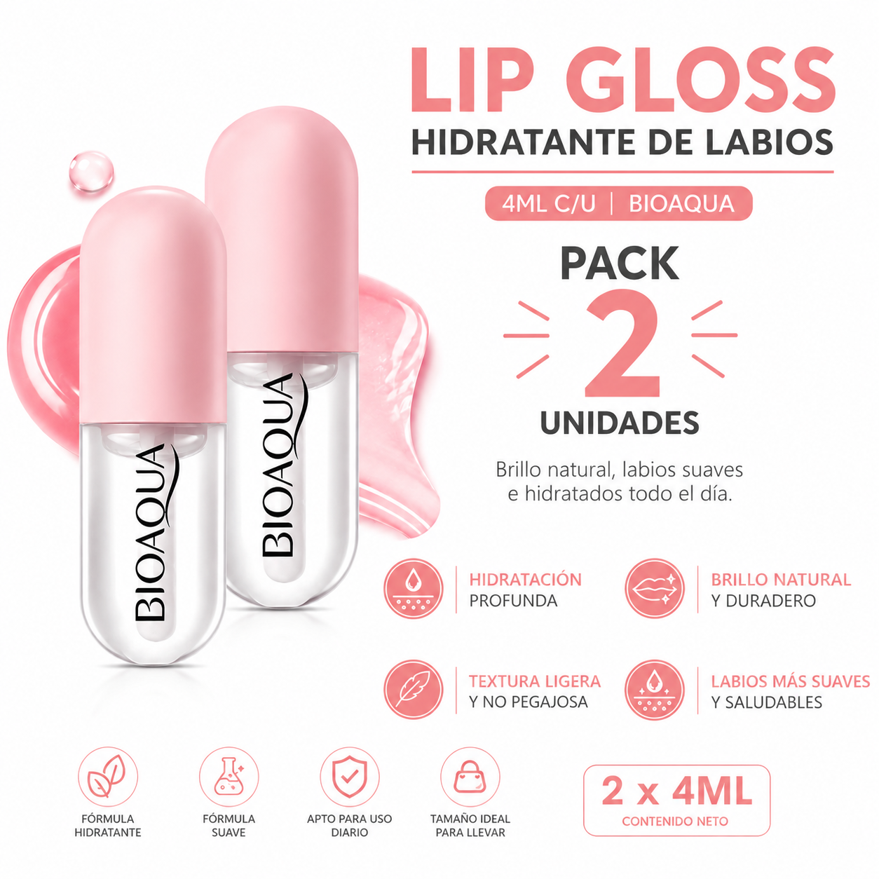 PACK 2 LIP GLOSS HIDRATANTE DE LABIOS 4ML BIOAQUA - 1
