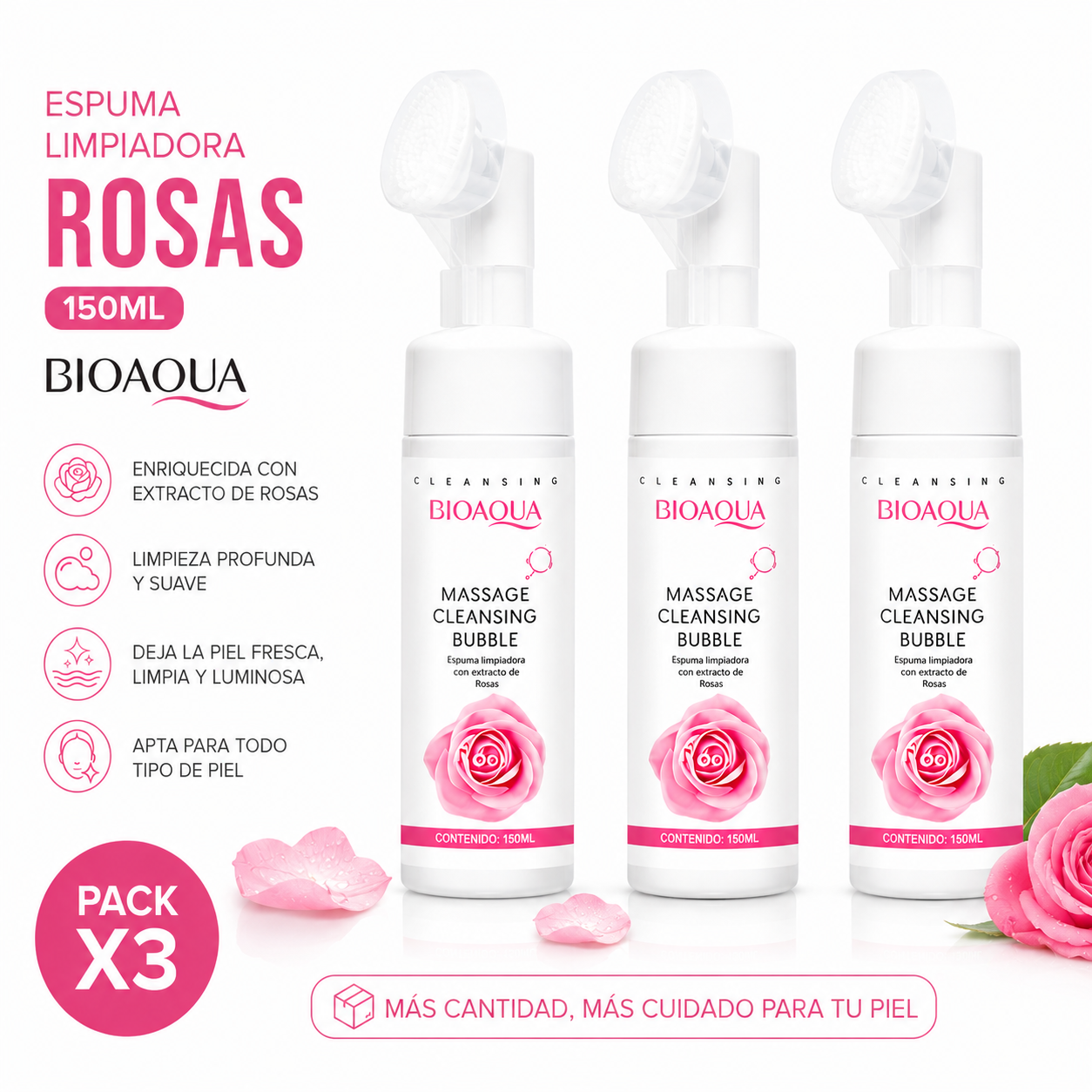PACK 3 ESPUMA LIMPIADORA ROSAS 150ML BIOAQUA - 1