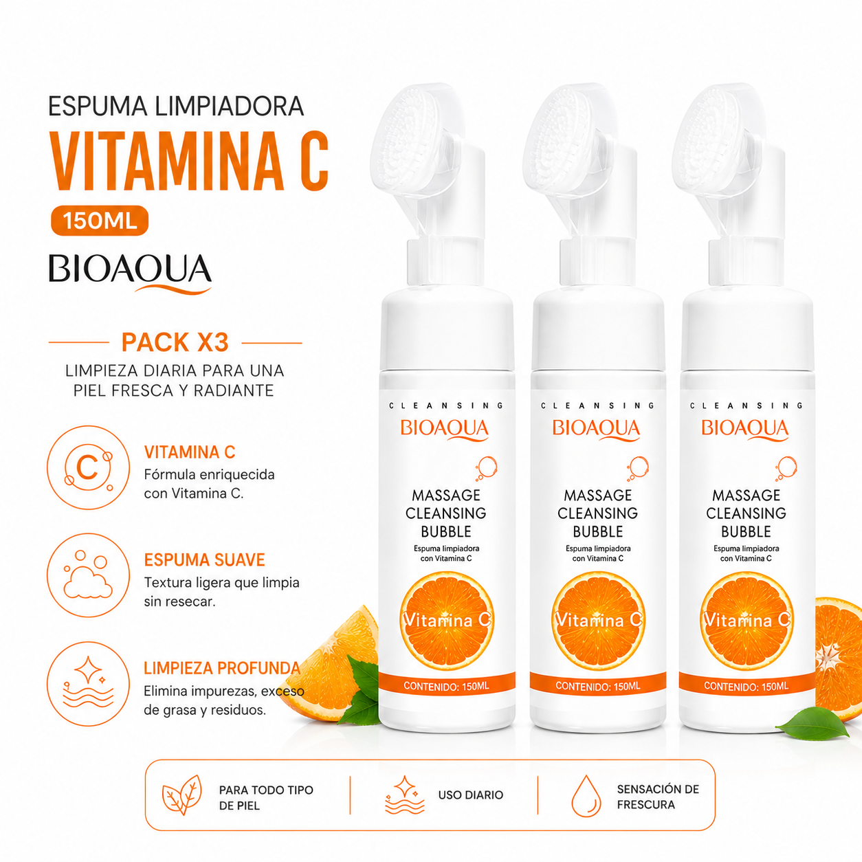 PACK 3 ESPUMA LIMPIADORA VITAMINA C 150ML BIOAQUA - 1