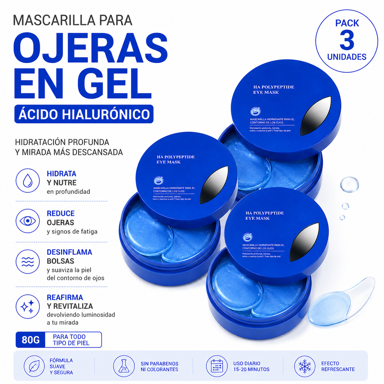 PACK 3 PARCHES PARA OJERAS EN GEL – ÁCIDO HIALURÓNICO 80G BIOAQUA - 1