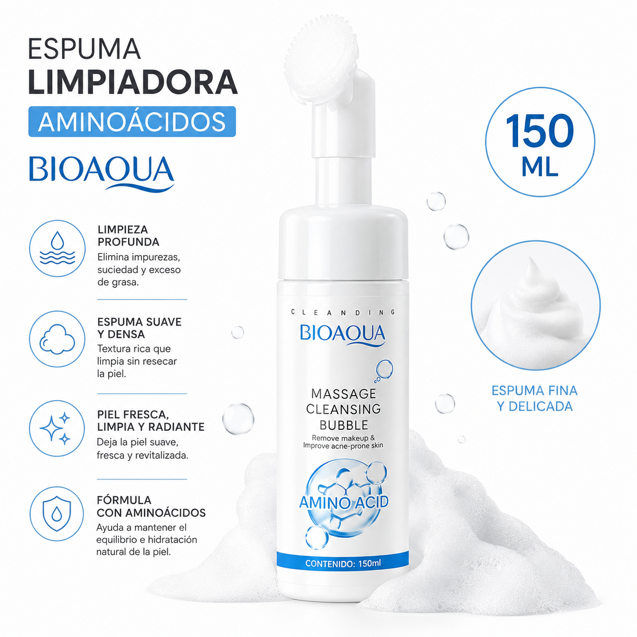 ESPUMA LIMPIADORA AMINOÁCIDOS 150ML BIOAQUA - 1