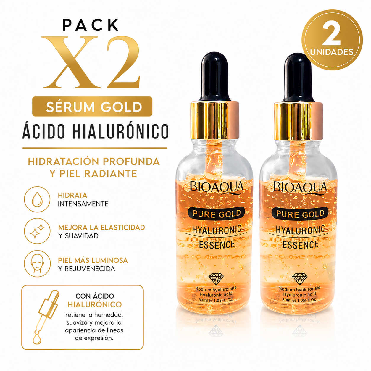 PACK 2 SÉRUM GOLD ÁCIDO HIALURÓNICO 30ML BIOAQUA - 1
