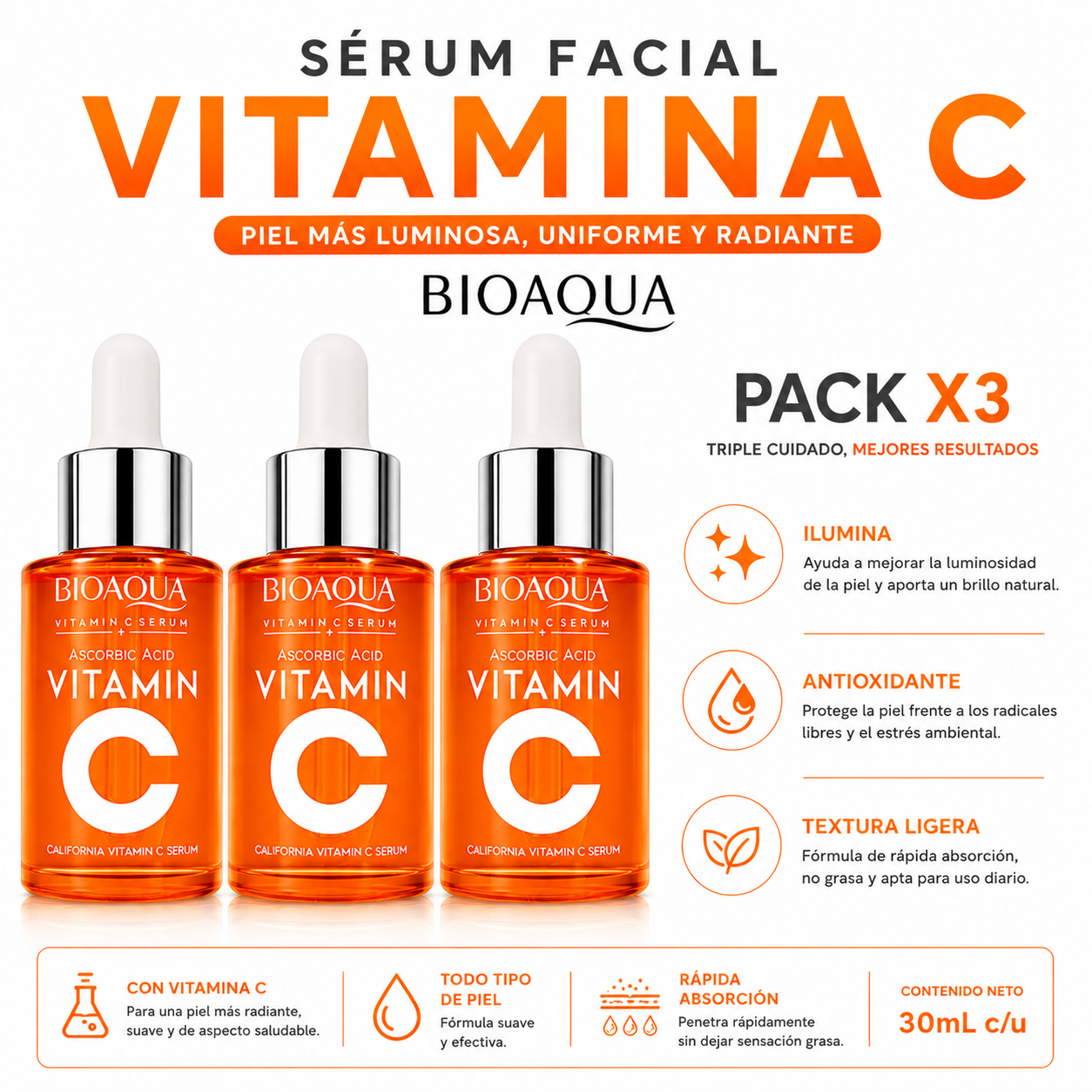 PACK 3 SÉRUM FACIAL VITAMINA C 30ML BIOAQUA - 1