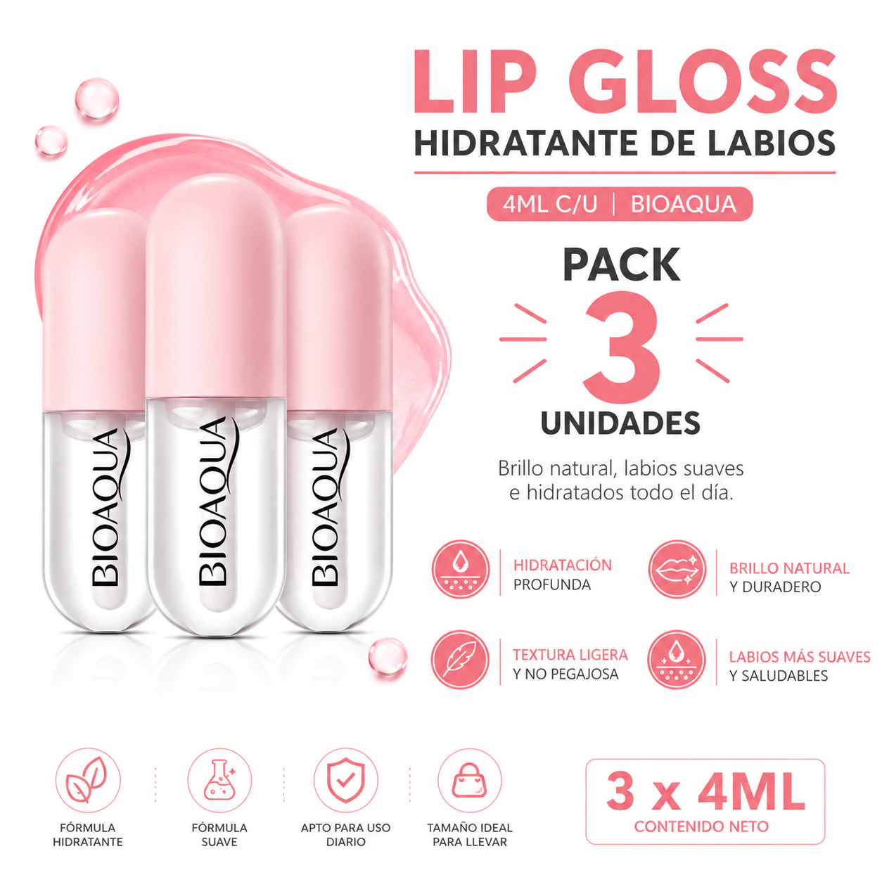 PACK 3 LIP GLOSS HIDRATANTE DE LABIOS 4ML BIOAQUA - 1