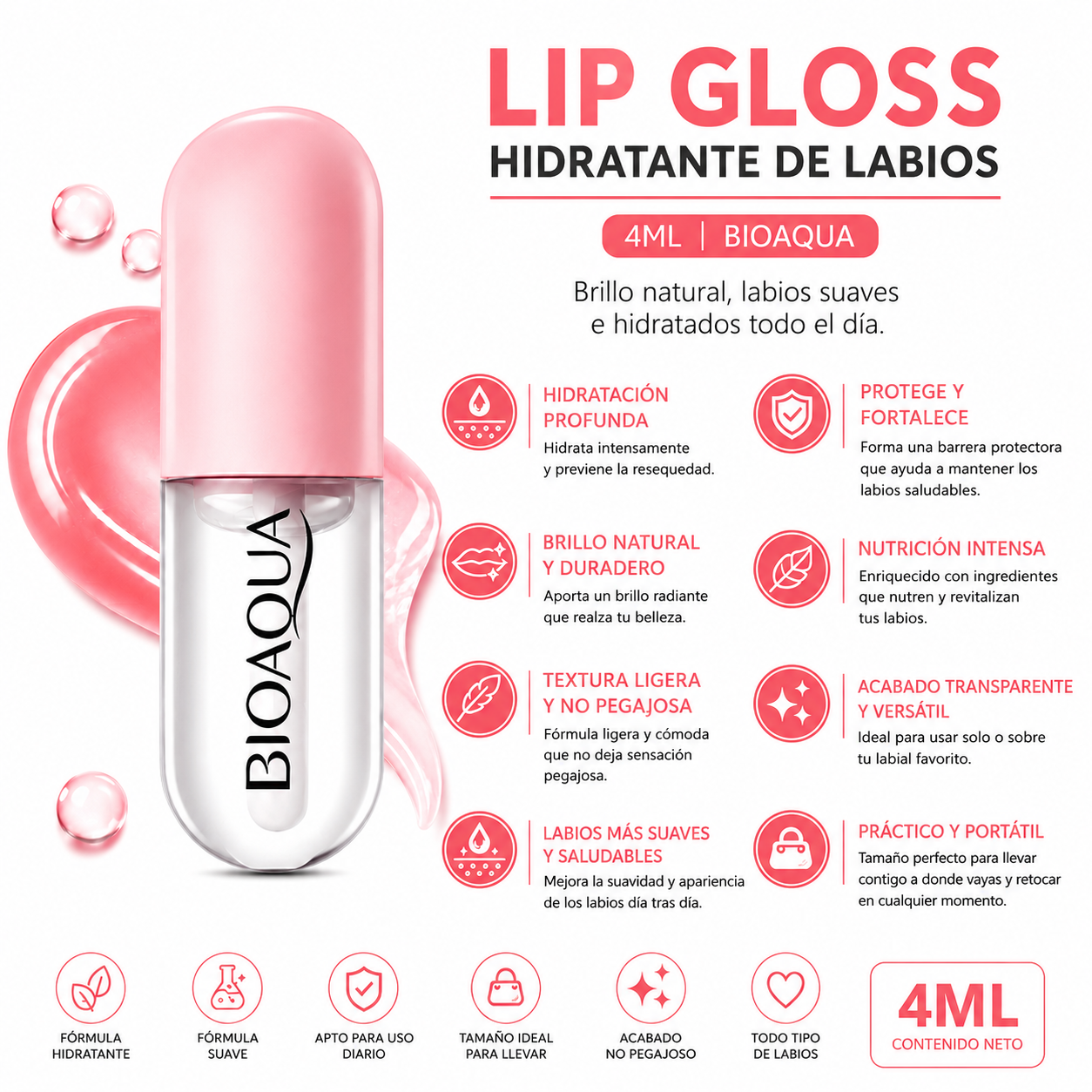 PACK 3 LIP GLOSS HIDRATANTE DE LABIOS 4ML BIOAQUA - 2