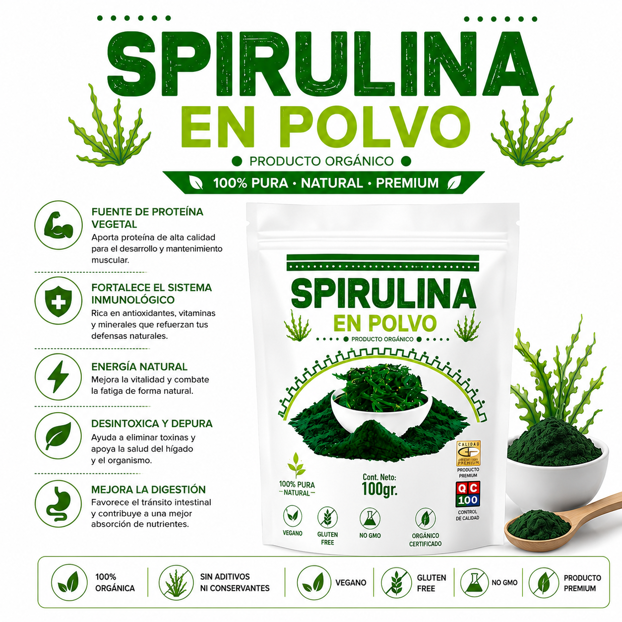 SPIRULINA EN POLVO 100G HEALTHNATURAL - 2