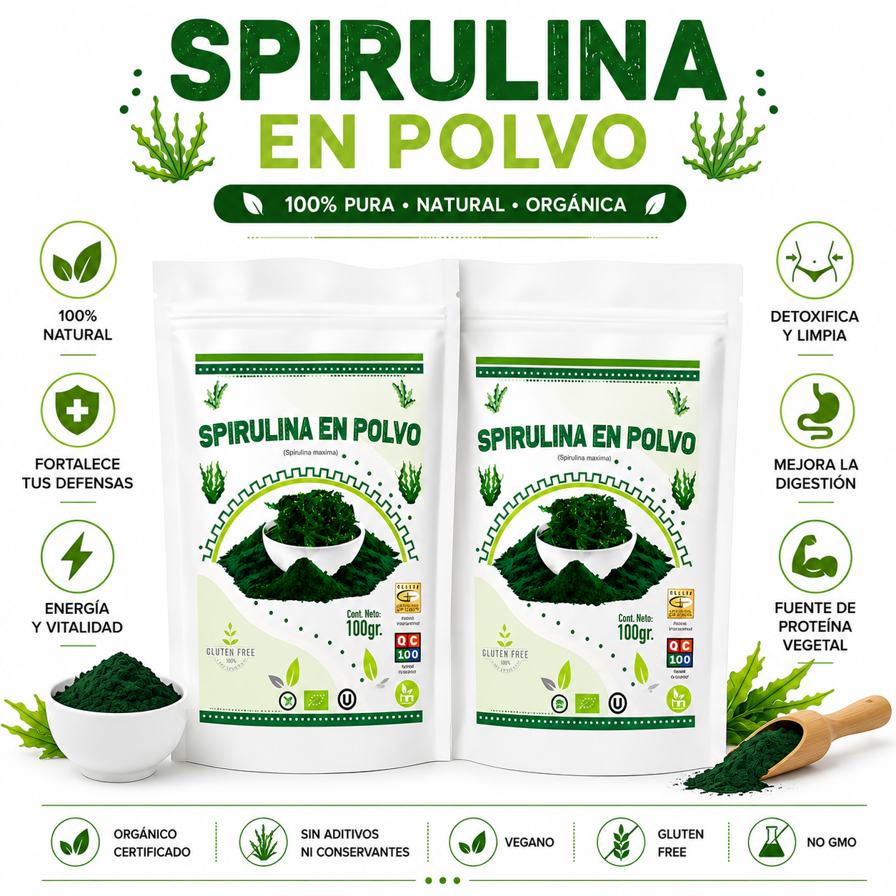 PACK 2 SPIRULINA EN POLVO 100G HEALTHNATURAL - 1