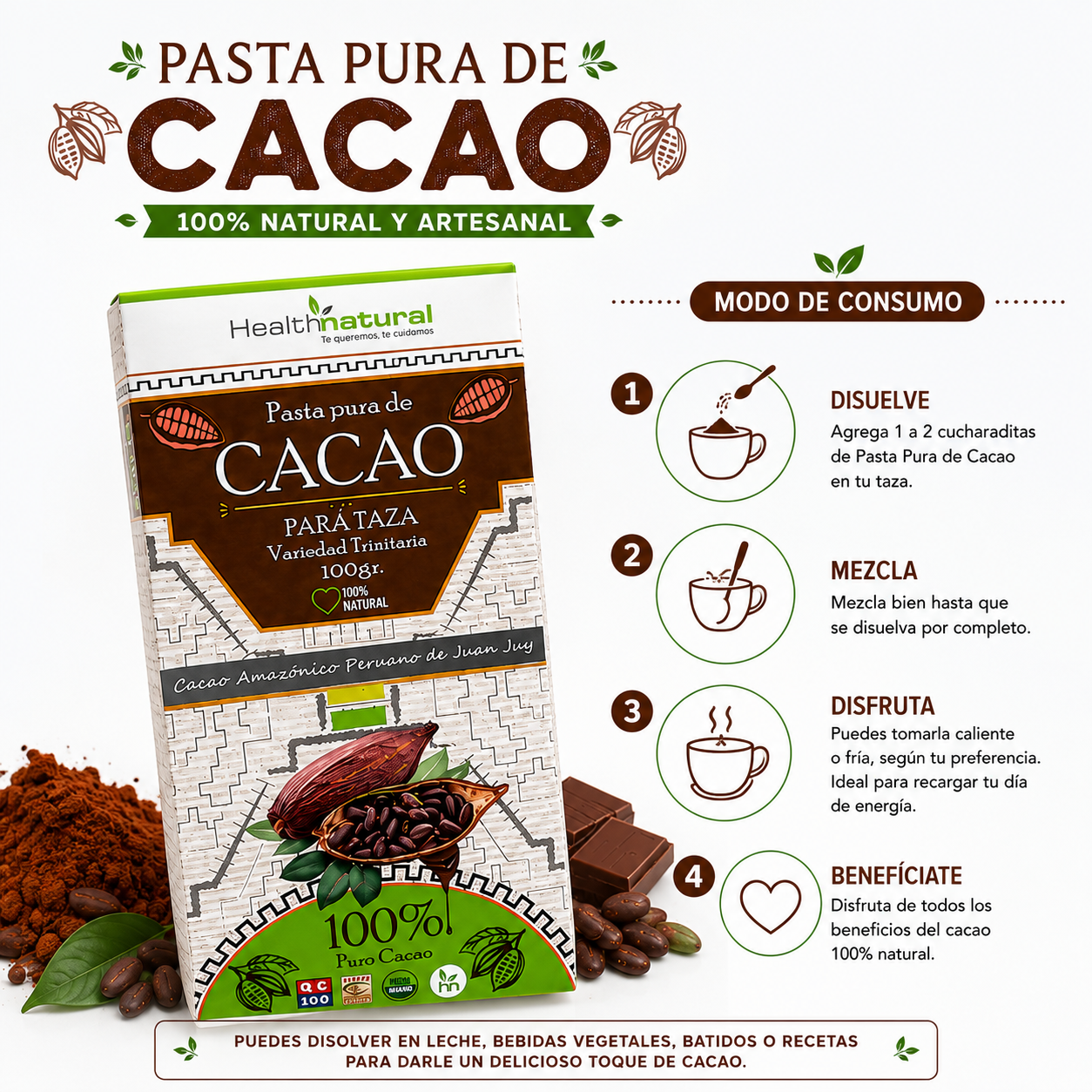 PACK 3 PASTA PURA DE CACAO EN BARRA 100G HEALTHNATURAL - 3