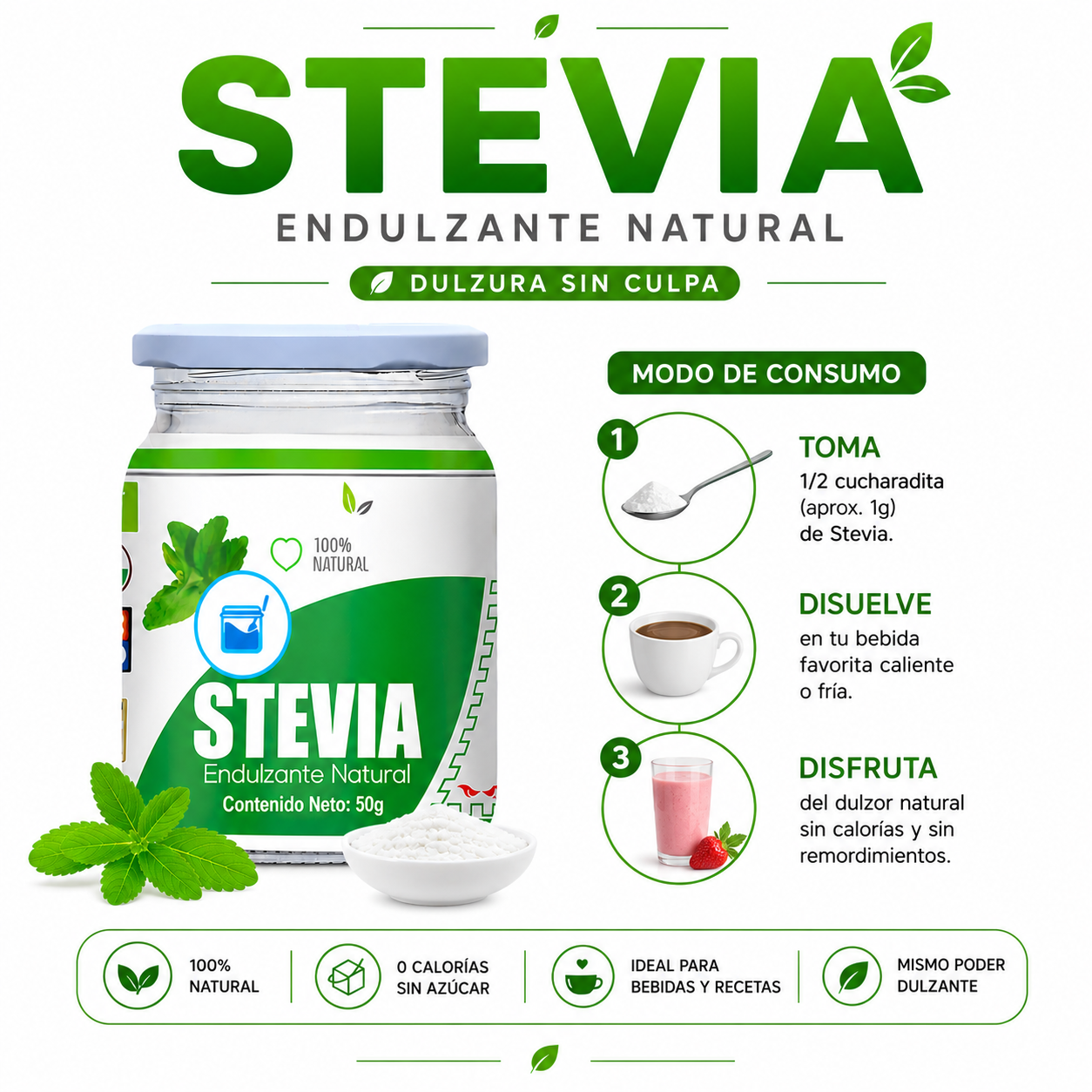 PACK 2 STEVIA EN POLVO 50G HEALTHNATURAL - 3