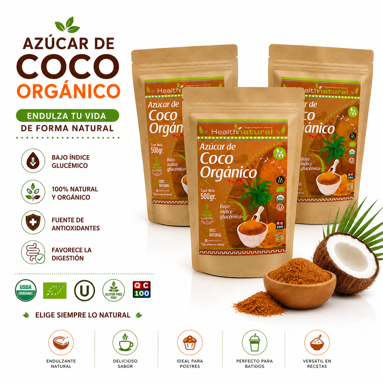 PACK 3 AZÚCAR DE COCO ORGÁNICO 500G HEALTHNATURAL - 1