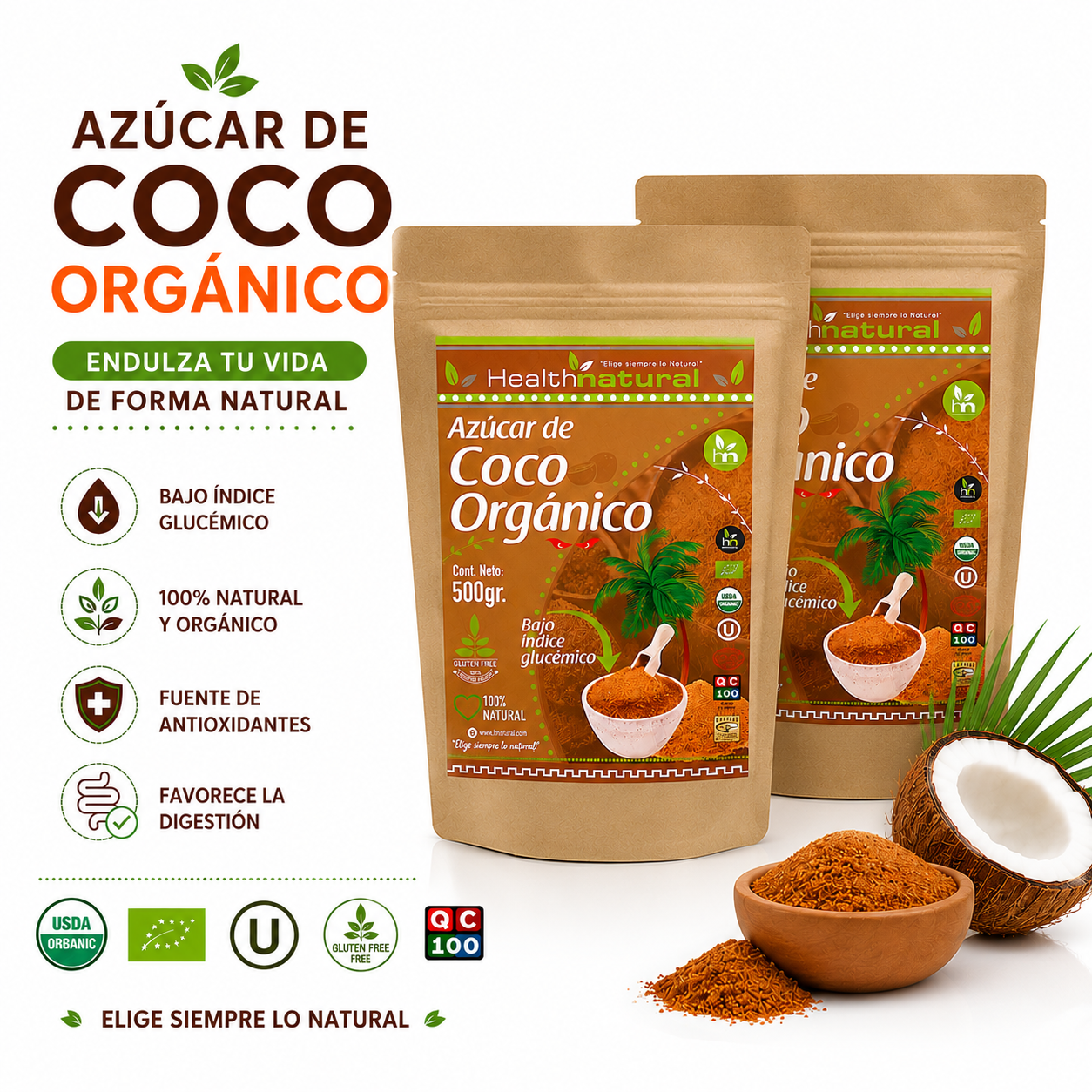 PACK 2 AZÚCAR DE COCO ORGÁNICO 500G HEALTHNATURAL - 1